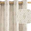 BGment Beige Linen Curtains for Living Room, French Country Leaf Jacquard Botanical Pattern Cottage Core Boho Vintage Grommet Light Filtering Semi Sheer Linen Curtains, 2 Panels, 52 x 84 Inch