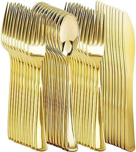 NOCCUR 400PCS Gold Silverware Disposable - Gold Plastic Silverware - Gold Plastic Cutlery Include 200 Forks, 100 Spoons, 100 Knives, Gold Disposable Silverware Perfect for Party&Daily Using