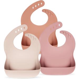 Silicone Bibs for Babies Toddler Set of 3, BPA Free, Soft Adjustable Waterproof Bibs for Feeding Essentials (Pink)