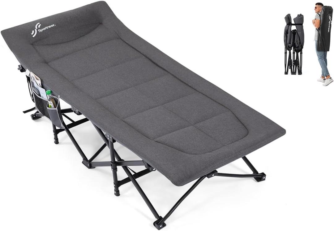 Sportneer Camping Cots for Adults, Sleeping Cot with Cushion Max Load 450 LBS Heavy Duty Folding Camping Sleeping Cot with Padded for Camping Tent Office Sleep Over (Grey, 73" Lx27 Wx14.5 H) (73"Lx27"Wx15.7"H)