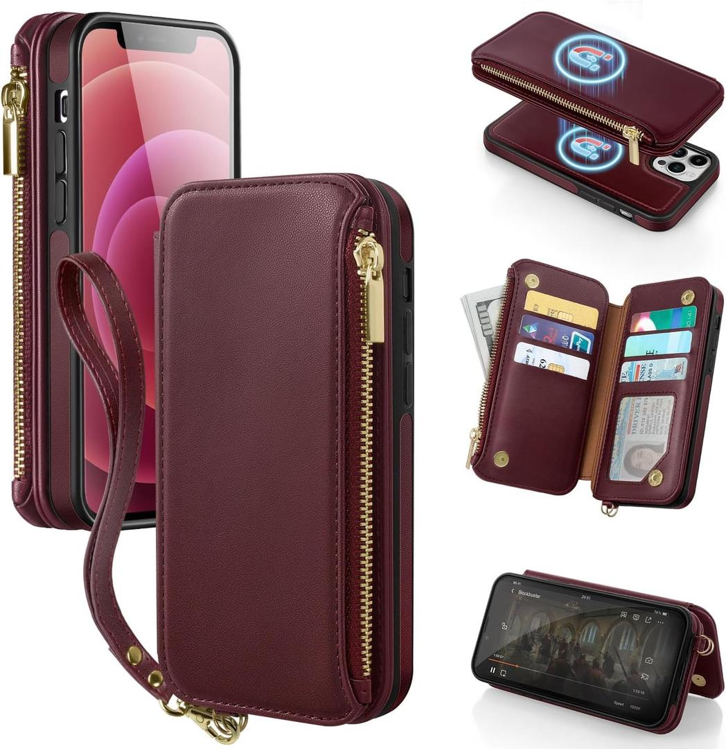 Antsturdy 2 in 1 Detachable for iPhone 15 Pro Max Wallet case with Magsafe,RFID Blocking Magnetic Wireless Charging PU Leather Phone case Flip Folio Cover Card Holder Wrist Strap Women Men,Wine Red