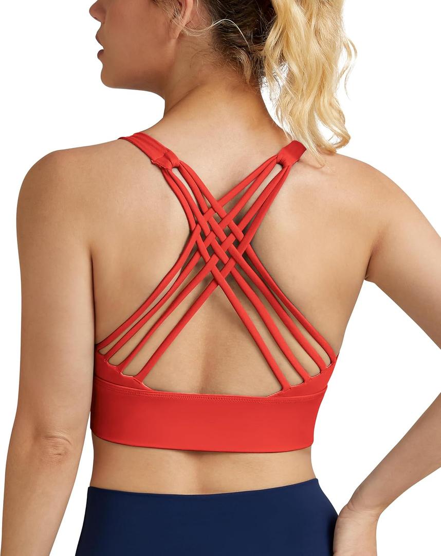 QUEENIEKE Strappy Longline Sports Bras for Women - Wirefree Criss Cross Workout Yoga Bra (XX-Large, Fluorescent Dark Red 77889b)
