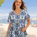 YESNO Women's Summer Tops Casual V Neck Babydoll Blouses Floral Short Sleeve Peplum Shirts TH2 (L)
