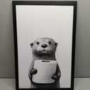 Framed Black and White Bathroom Canvas Wall Art, Funny Animal Bathroom Decor Cute Otter Holding A Roll of Toilet Paper Picture Modern Humor Painting Wall Decor Ready to Hang 24'' x 16''