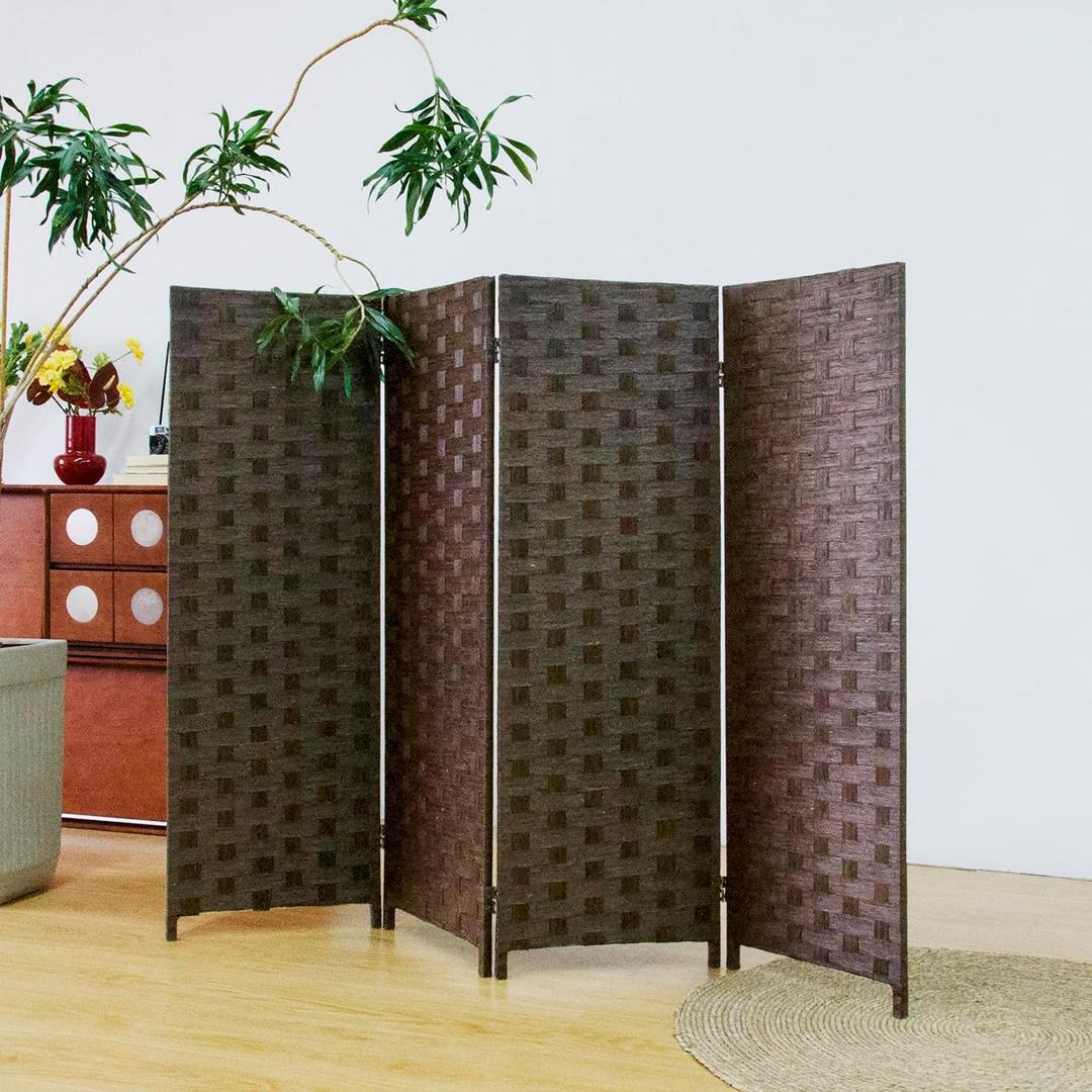 Furnnylane 4 Panel Double Sided Short Room Divider for Room Separation, Dark Brown Rattan Folding Privacy Screen, Freestanding Partition Screen for Home Office - 3.95 ft Tall