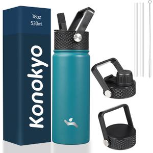 18 oz Insulated Water Bottle Stainless Steel Sport Bottles with 3 Lids,Light Blue