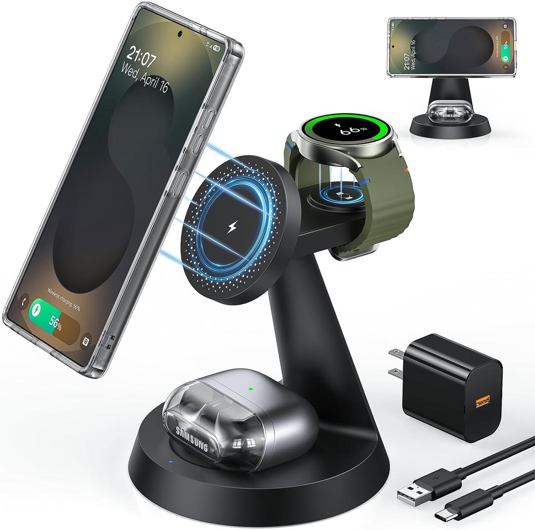 Magnetic Wireless Charger for Samsung, 3 in 1 Charging Station Compatible with MagSafe Samsung Charger for Galaxy S25 Ultra S24 Z Fold7/Flip7, Watch Charger Stand for Galaxy Watch Ultra 8 7, for Buds