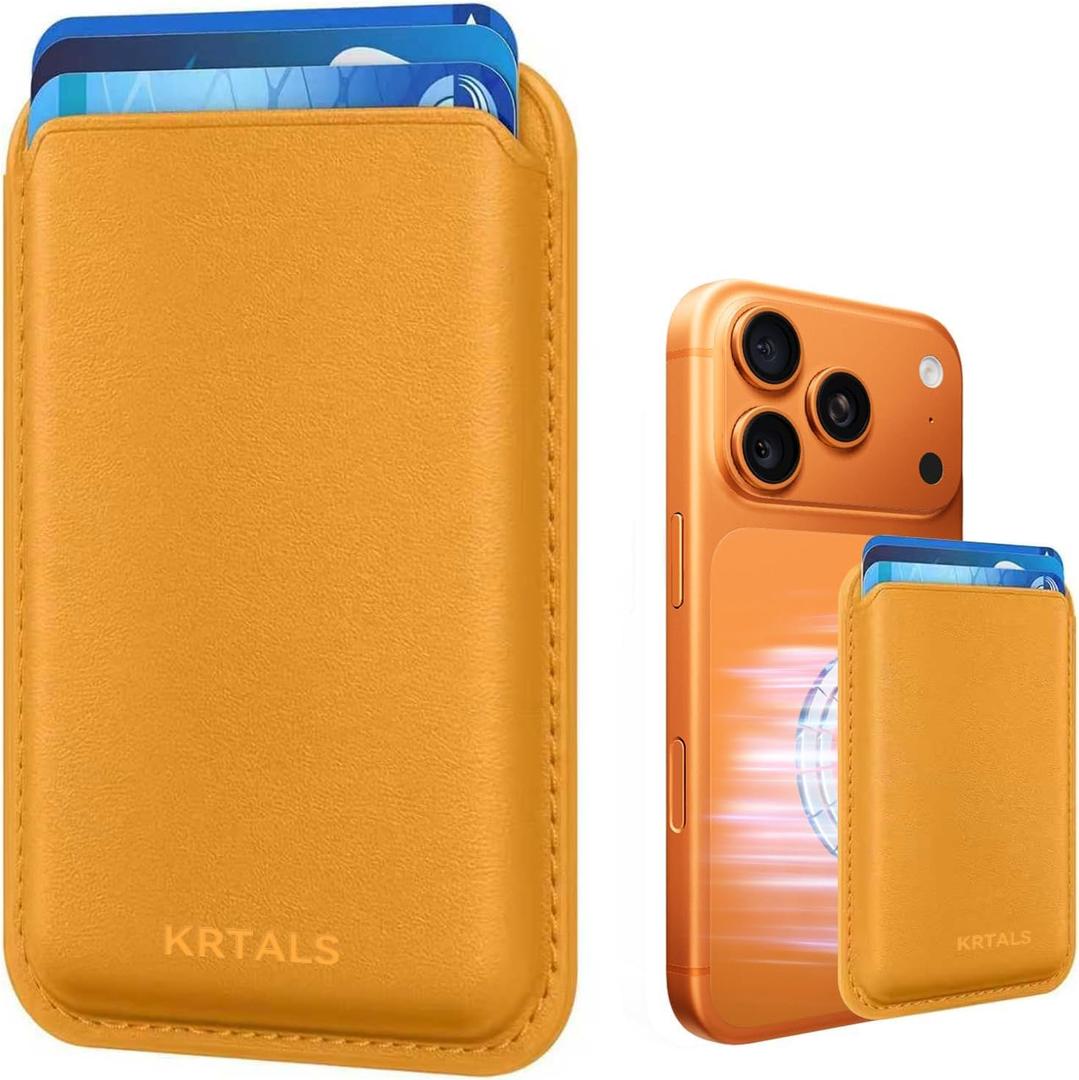 Magnetic Wallet Cell Phone Card Holder for Phone Case with Mag-Safe, Stronger Magnetic RFID Leather Phone Wallet Stick on Series of iPhone 17/16/15/14/13/12 and Pro/Promax, Yellow (WB-PT-01-Yellow)