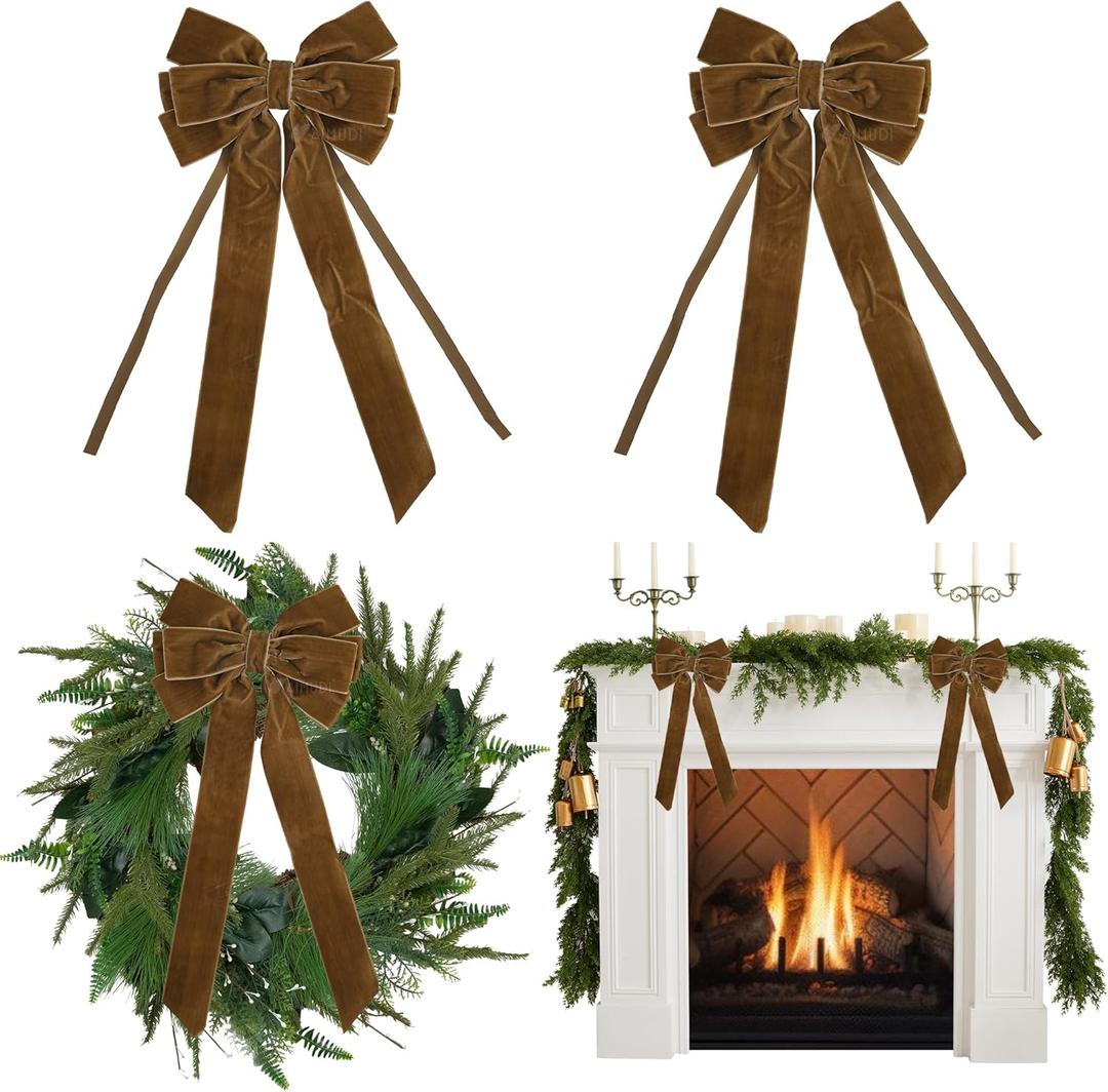 AIMUDI Brown Velvet Bows 6.5" x 15" Christmas Bow for Gift Wrapping Velvet Bows for Tree, Holiday Crafts, Wreath, Garland, Staircase, Home Outdoor Fall Christmas Decorations, 2 PCs