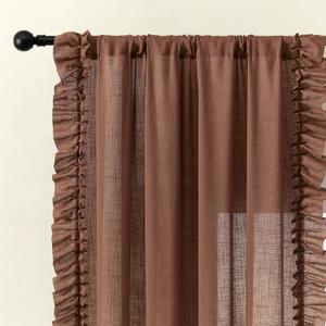 Dark Terracotta Ruffle Curtains 63 Inch Length, 2 Panels, W47 x L63 Inch, Linen Textured Rust Colored Farmhouse Scalloped Curtains for Bedroom, Rod Pocket Light Filtering Semi-Sheer Flowy Boho Curtain