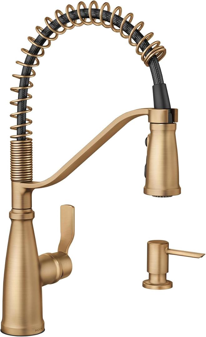 Moen Nolia Bronzed Gold One-Handle Single Hole Spring Kitchen Faucet with Pull Down Sprayer and Soap Dispenser, 87886BZG