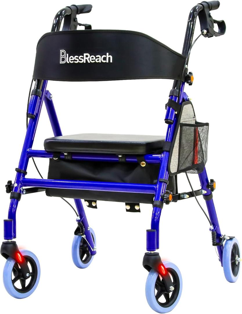 Lightweight Foldable Rollator Walkers with Seat for Seniors, 350 lb Capacity, 5-Position Adjustable Height, Premium Hybrid Rolling Walker - Aluminum and Carbon Steel (Blue)