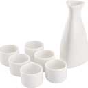 Tosnail 7 Pieces Ceramic Japanese Sake Set, 1 Serving Carafe and 6 Cups - White