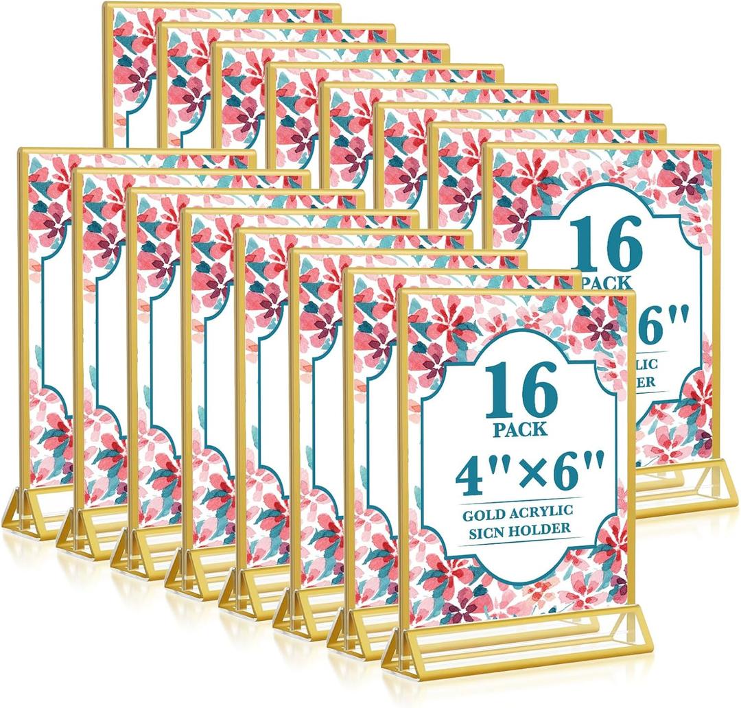Gold Acrylic Sign Holder 4x6, 16 Pack Wedding Gold Frame Table Number Holders Vertical, Clear Picture Frames Flyer Stands Tables Menu Holder, Double Photo Paper Display Holder for Party, Home, Office