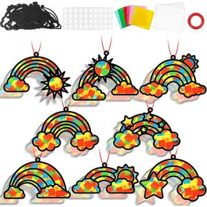 QOUBAI 32 Sets Rainbow Suncatchers Craft Kit DIY Window Stained Glass Effect Planet Rainbow Sun Paper Crafts Home School Classroom Decoration Kid Birthday Gift Creative Art Project Activity Game