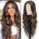 Colorful Queen Brown Highlight Wigs for Women 26 Inch Long Wavy Brown Wig Glueless Brown Mix Blonde Middle Part Curly Synthetic Lace Wig for Cosplay Daily Use