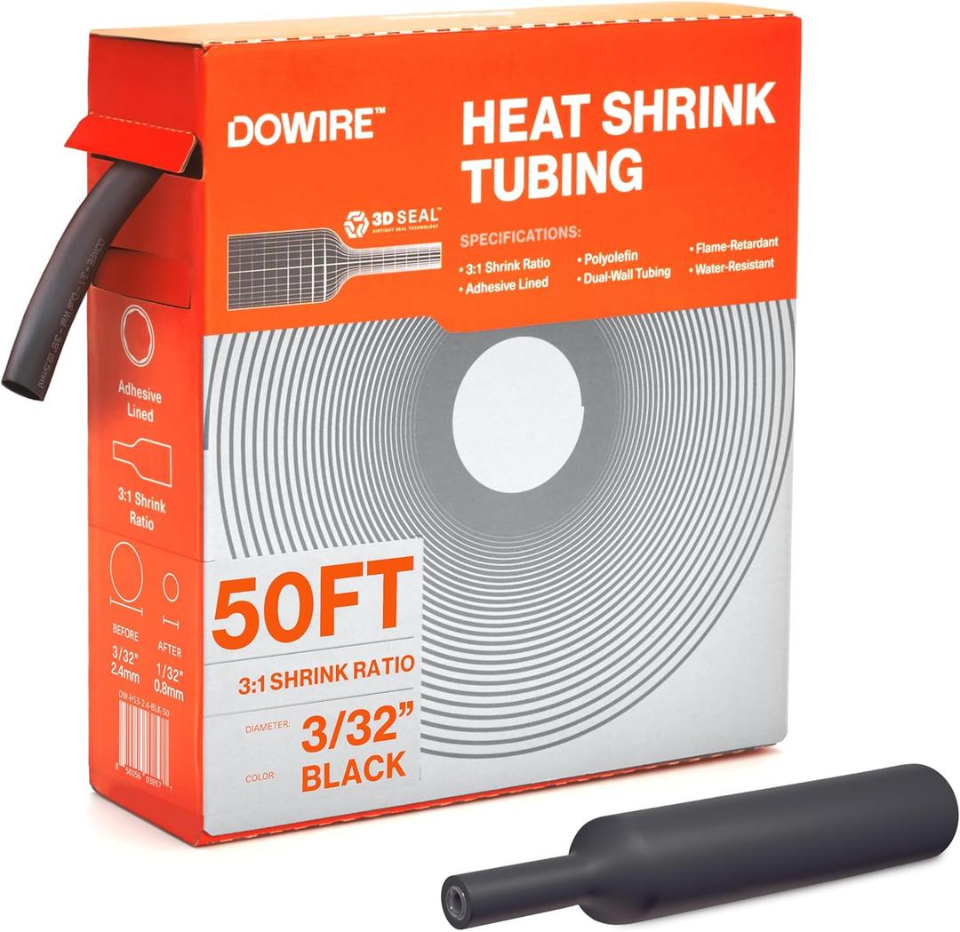 Heat Shrink Tubing 3/32" - Adhesive Lined - 3:1 Ratio - Waterproof Marine Grade Shrink Tube - Wire Shrink Wrap Tubing - Black - 50 Feet