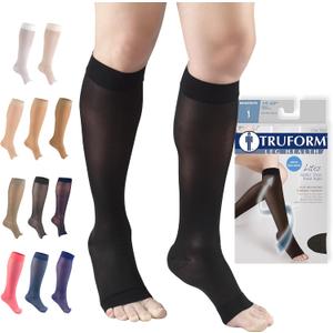 Truform Sheer Compression Stockings, 15-20 mmHg, Women's Knee High Length, Open Toe, 20 Denier, Black, Large
