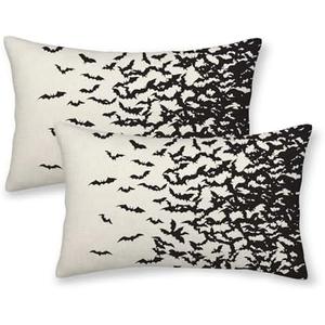 Halloween Pillow Covers 12x20 Pack of 2,Beige Black Bats Throw Pillow Covers Outdoor Decoration,Fall Halloween Decor Bat Pillowcase Lumbar Linen Decorative Cushion Case for Home Sofa Couch