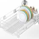 Simple Houseware White Dish Drying Rack with Drainboard, Utensil Holder & Mug Hooks Metal Kitchen Counter Organizer