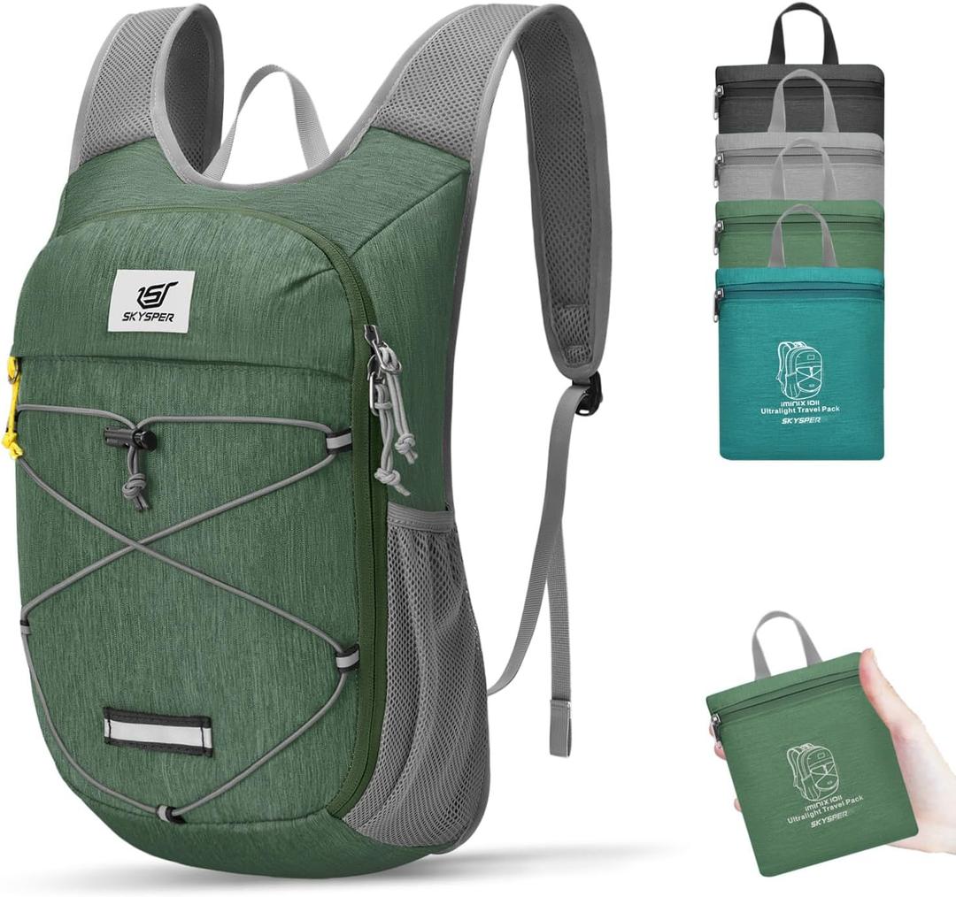 SKYSPER Foldable Hiking Backpack - 10L/15L Small Lightweight Daypack Breathable Travel Backpacks (Green)