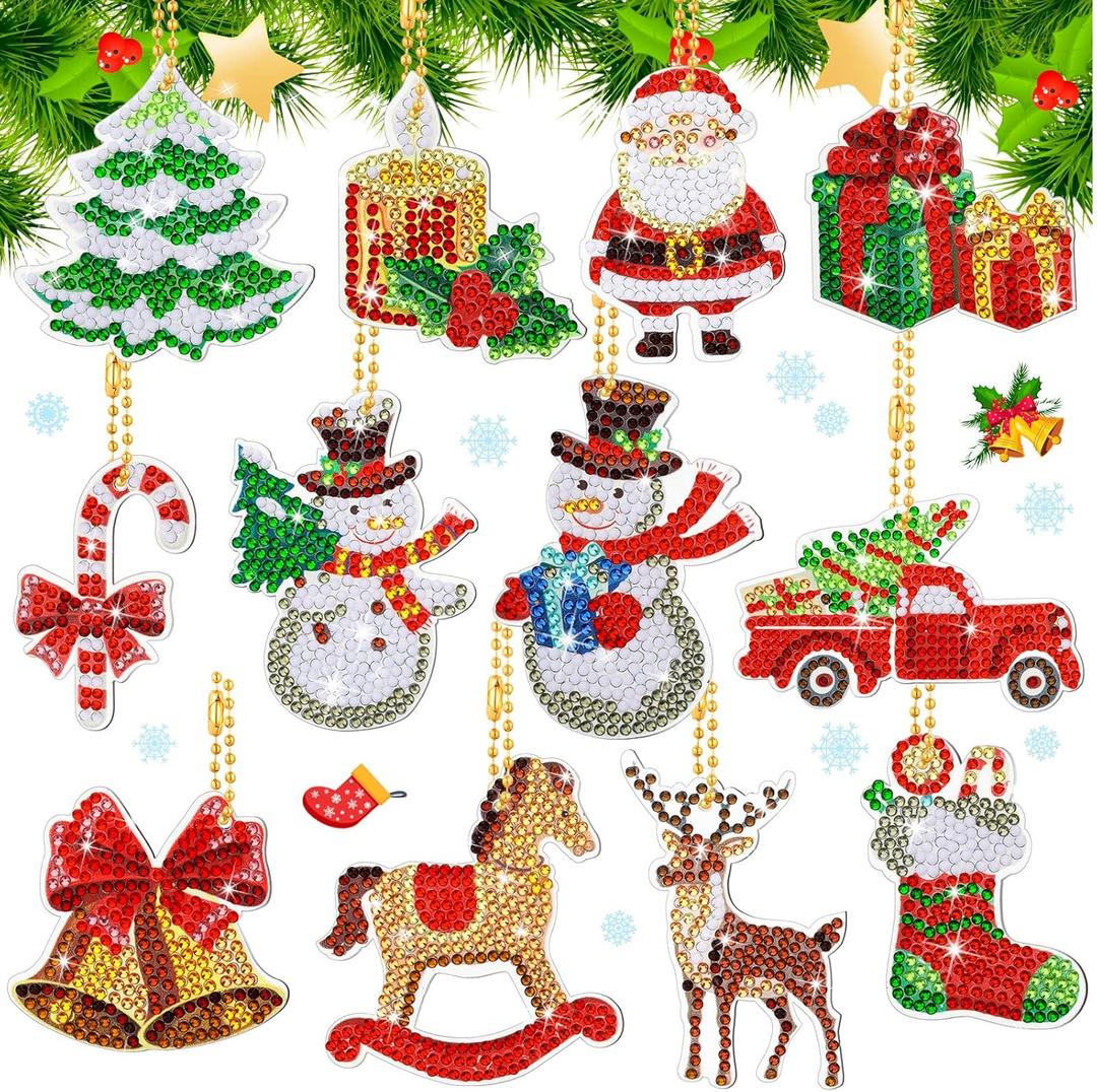 Ferraycle 12 Pcs Diamond Art Christmas Ornaments Christmas Diamond Painting Ornaments 5d DIY Painting Keychain Kits Xmas Hanging Paint Kits for Adults Crafts Family Decor