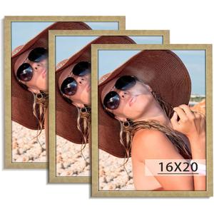 HLiWEGNS Matte Gold 16x20 Frame Set of 3 - Vintage 16 x 20 Poster Frame with Plexiglass for Wall Gallery Display, 16x20 Picture Frame for Puzzles, Artwork, Photos and Posters - Ideal Christmas Day