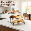 Farielyn-X 3 Tier Serving Tray, 12" White Plastic Tiered Food Serving Platters, Reusable Tray Stand Black Collapsible Metal Stand with Stable Cross Bars, Party Display Stands for Veggie Fruit, Dessert
