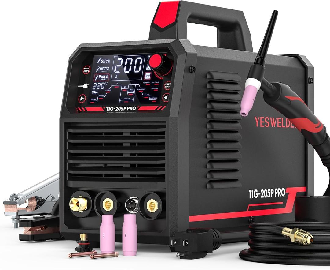 YESWELDER 205A Tig Welder with Pulse Large LED Display, STICK/DC TIG/PULSE TIG 3 In 1, 110&220V Dual Voltage TIG Welding Machine TIG-205P