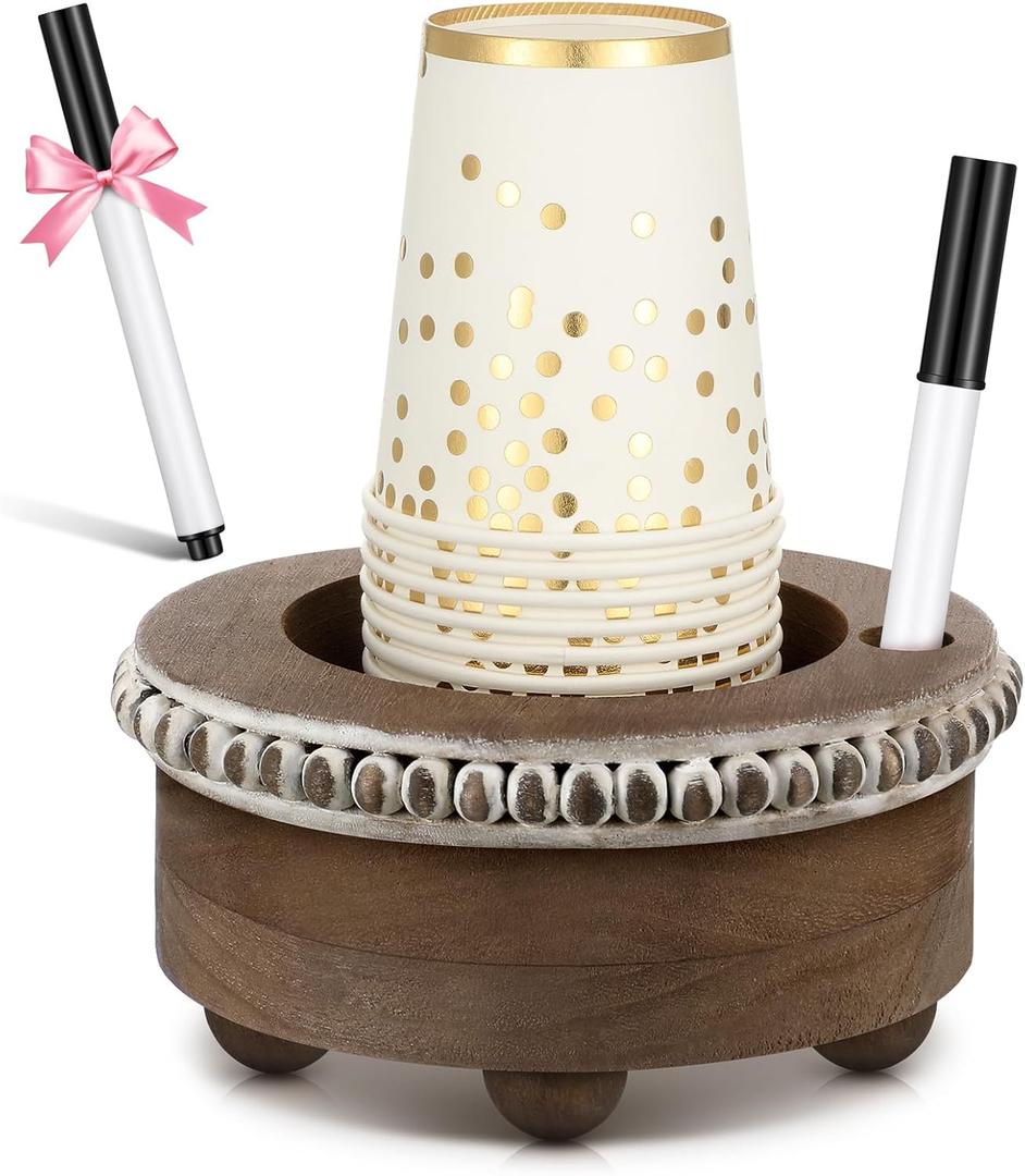 Wooden Cup Holder with Marker Slot Brown Cup Holder Dispenser Disposable Mug Dispenser for Party Decoration Bathroom Kitchen Showers Picnic Housewarming Couples Gift (Stylish Style)