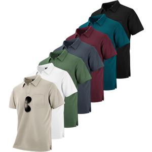 ZITY 7 Pack Mens Polo Shirts with Pocket Moisture Wicking Short Sleeve Outdoor Golf Athletic Work Multipack Shirts (Large, Black+grey+army Green+apricot+wine Red+dark Teal Blue+white)