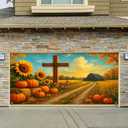 Thanksgiving Garage Door Cover Fall Garage Door Banner Pumpkin Garage Door Decorations Autumn Garage Mural 13x6ft Cross Harvest Sunflower Barn Backdrop for Outdoor Fall Porch Decor (orange-yellow-green)