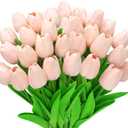 28pcs Light Pink Flowers Artificial Tulip Stems Real Feel PU Tulips for Easter Spring Wreath Wedding Bouquet Centerpiece Floral Arrangement Cemetery Table Décor 13" Tall