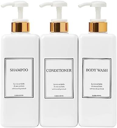 HARRA HOME Modern Gold Design Pump Bottle Set 27 oz Refillable Shampoo and Conditioner Dispenser Empty Shower Plastic Bottles with Pump for Bathroom Lotion Body wash Massage Oils, Pack of 3 (White)