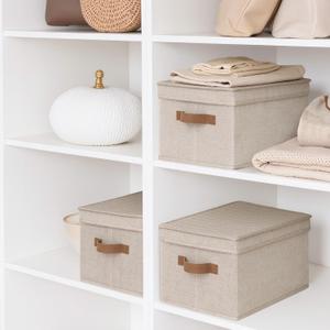 StorageWorks Large Storage Bins with Lids, Decorative Storage Boxes with Lid and PU Handles, Foldable Storage Baskets for Closet, Shelves, Stackable, Brown and Beige, 1-Pack