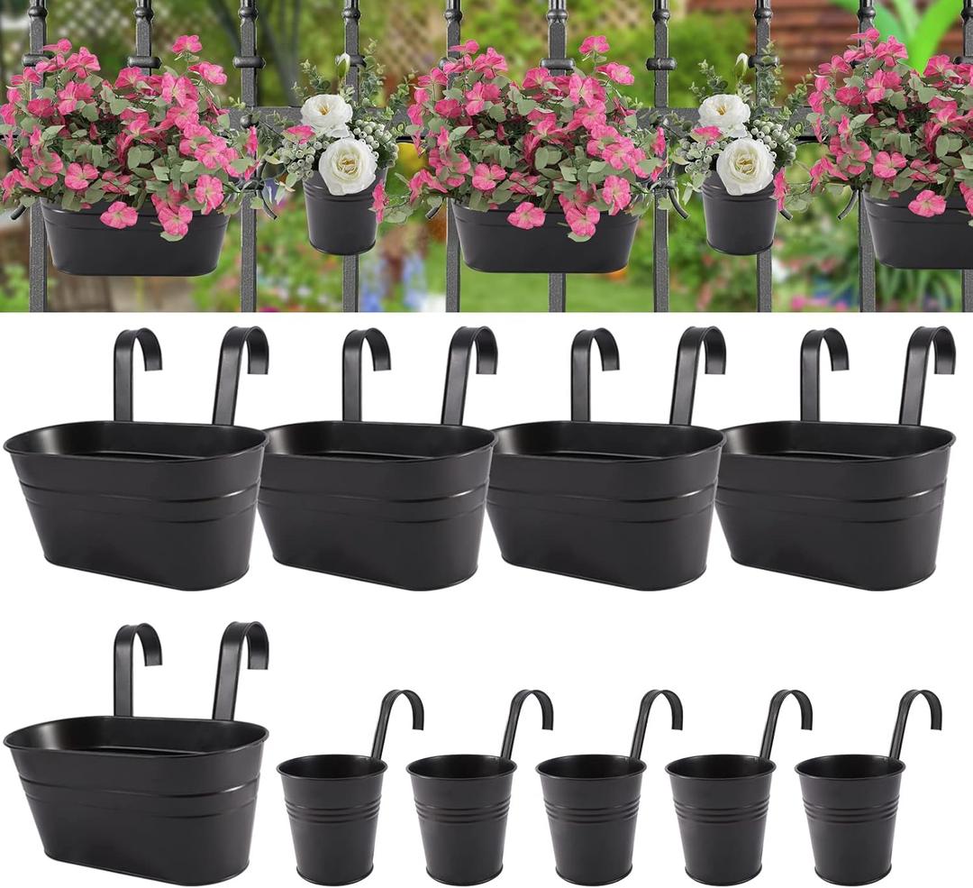 HowRU Metal Iron Flower Pots for Railing Fence Hanging Bucket Pots(5 Pcs) and Hanging Flower Pots Metal Iron Bucket Planter(10 Pcs) (Black), Medium