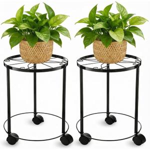 Otoolling 2 Pack Metal Plant Stand with Wheels for Indoor Outdoor Plants Rolling Plant Stands Flower Pot Stand on Wheels Heavy Duty Plants Pot Risers Decoration for Planter Supports Home(1 Sizes)