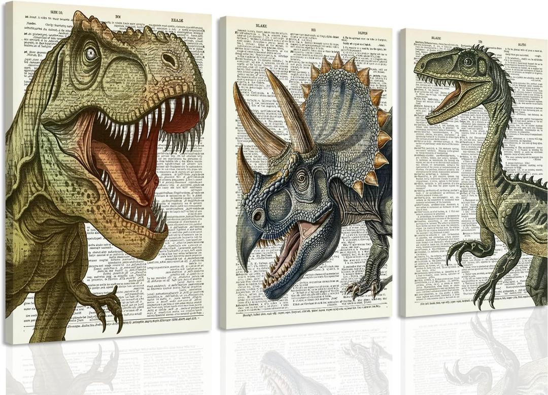 Ovczax 3 Pieces Dinosaur Canvas Wall Art - Tyrannosaurus Rex, Triceratops, Velociraptor Decor For Kids Room Game Room, Living Room, Bedroom 24" x 16"