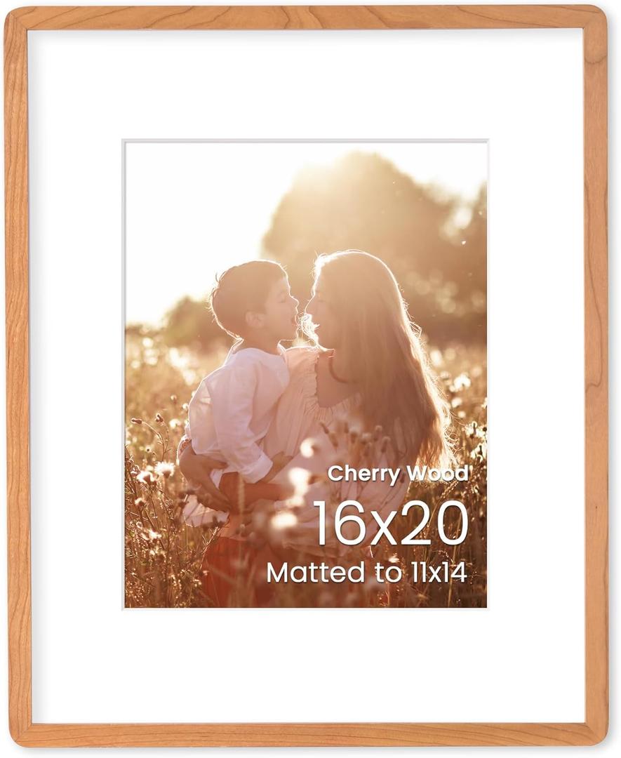 16x20 Frame, Natural Solid Cherry Wood 16"x20" Poster Frame, Rounded Corner 16 x 20 Wood Frame with Mat for 11x14, 16 by 20 Picture Frame HD Tempered Glass, Wall or Tabletop Display, 1 Pack