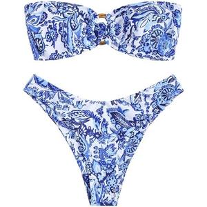 ZAFUL Women's Bandeau Bikini O Ring Strapless Tie Back High Cut Two Piece Swimsuit Bathing Suit, Blue White, S