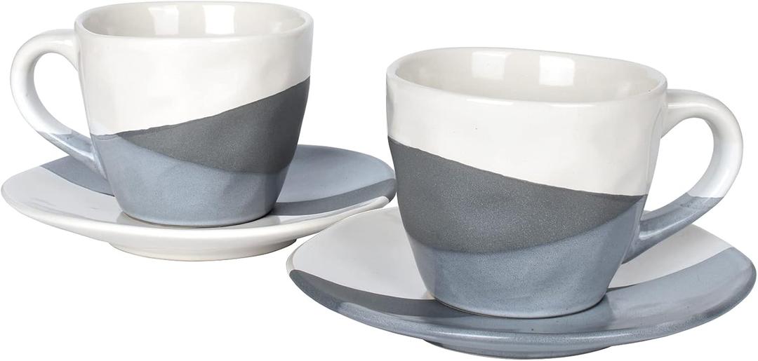 Bosmarlin Stoneware Coffee Cup Mug and Saucer Set of 2 for Latte, Cappuccino, Tea, 9 Oz, Dishwasher and Microwave Safe (Grey, 2) (Gray)