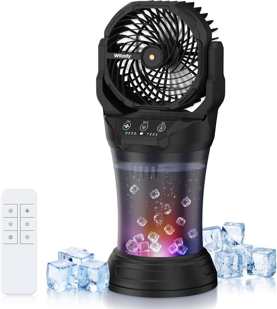 Wilody Misting Fan Portable Camping Fan Battery Powered with Remote Control, RGB Ambient Light with 2L Bucket, Battery Indicator, 120 Auto Oscillating, Timing Function, Grip Handle(Black), 7.5 inches x 7.5 inches x 17.2 inches