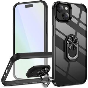 Ring Kickstand Clear Phone Case for iPhone 15 Plus (6.7 Inch),Drop Protection Slim Protective Shell Cover,Flexible Bumper + Hard Back + Ring Stand Fits Magnetic Car Mount,Black