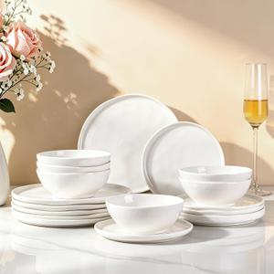 LERATIO Ceramic Dinnerware Sets for 6,Porcelain Plates and Bowls Sets with Wavy Edge, Oven &Microwave & Dishwasher Safe,Light Weight & Scratch Resistant Dishes Sets-Service for 6 (18pcs)-Peal White