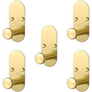 TocTen Adhesive Hook - Heavy Duty Sticky Towel/Robe Hooks, Waterproof Stainless Steel Shower Hook, No Drill Stick on Wall Coat/Clothes Hooks for Bathroom, Kitchen, and Offices (Brushed Gold, 5 Pack)
