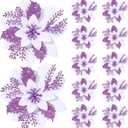 12 Pieces 5.7 Inch Christmas Poinsettia Flower Christmas Glitter Artificial Flower with Clips Xmas Tree Ornament for Wreath Garland Party Decor (White,Purple)