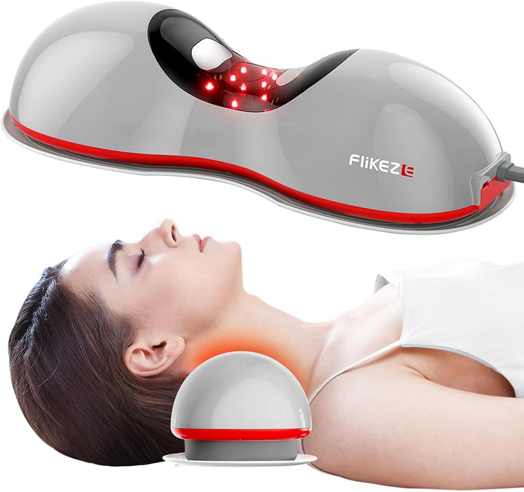 Heated Neck Stretcher with Red Light Therapy, Wireless Cervical Traction Device for TMJ Pain Relief and Shoulder Relaxer, Neck Traction Massager Pillow for Home/Office Used, Grey