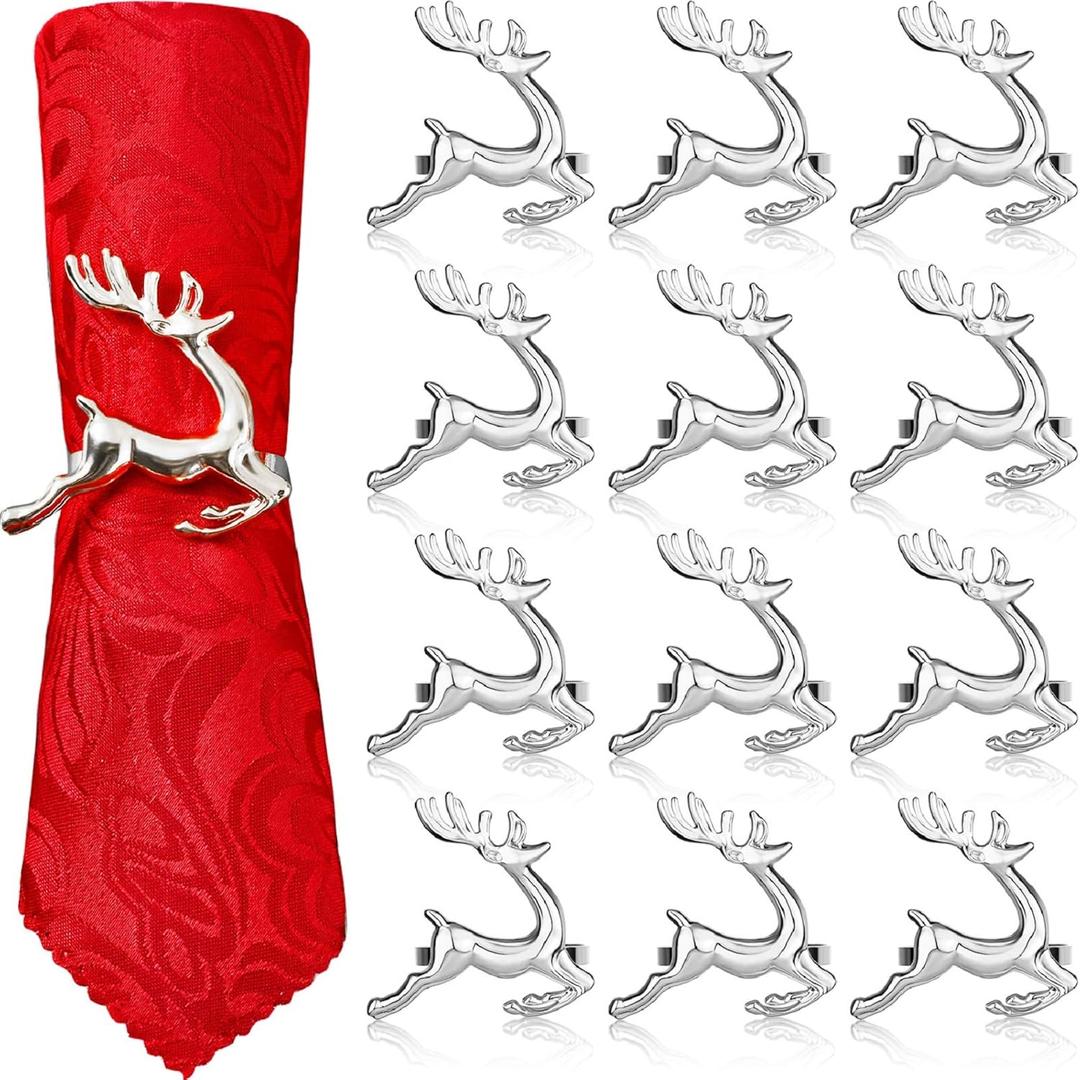 WILLBOND 12 Pcs Deer Napkin Rings Silver Christmas Antler Reindeer Buckle for Cloth Napkins Holiday Dinners Parties, Wedding Adornment, Table Decoration Accessories