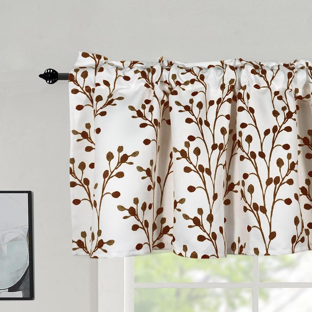 Brown Printed Valances for Windows - Tree Branch Leaf Room Darkening Short Curtain Valances for Kitchen/Bedroom/Living Room/Bathroom/Farmhouse/Laundry/Cafe with Rod Pocket 1 Panel 52x18 Inches Long