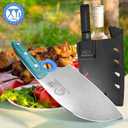 XYJ Authentic Since 1986,Heavy Duty Large Meat Cleaver,Serbian Chef Butcher Knife with Case,Chefs Vegetable Kitchen Knife,Full Tang for Outdoor Camping,Wood Handle with Sheath (Blueish Green Wood)